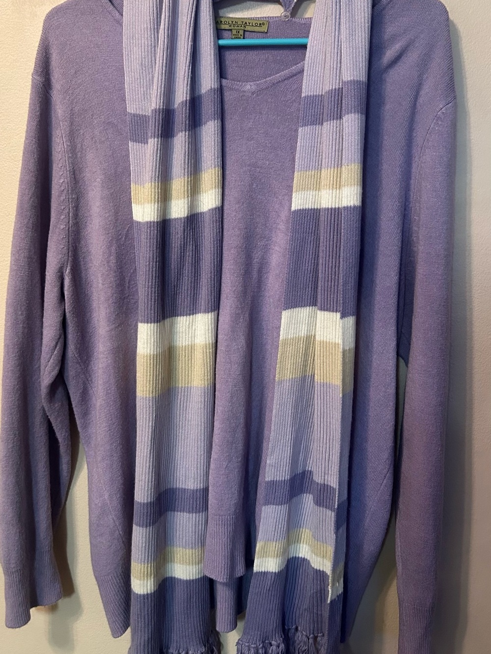 Carolyn Taylor Lavender V-Neck Sweater with Lilac Striped Scarf